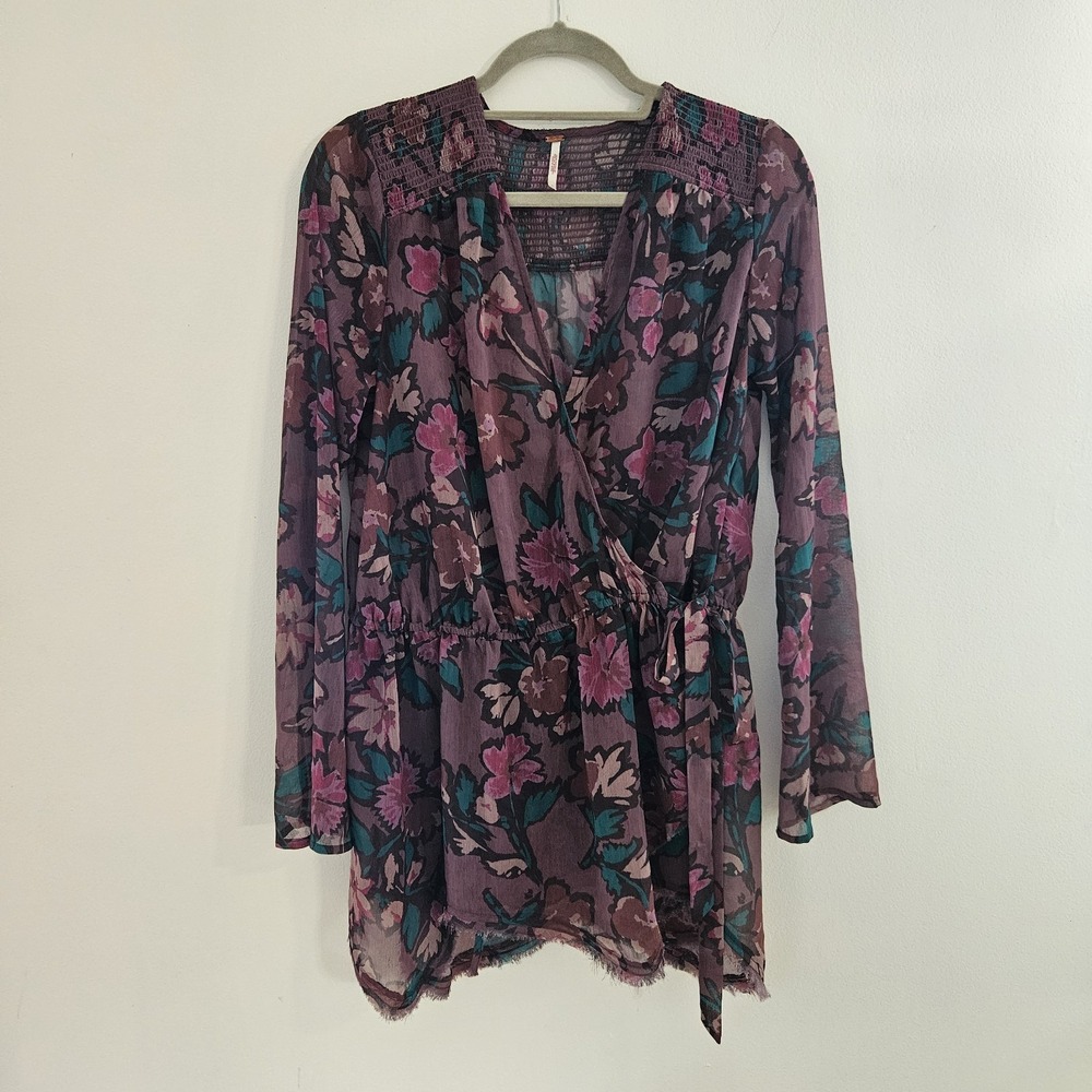 Free People Womens‎ Shirt Small M Purple Floral Semi Sheer Flowy Long Sleeve Top